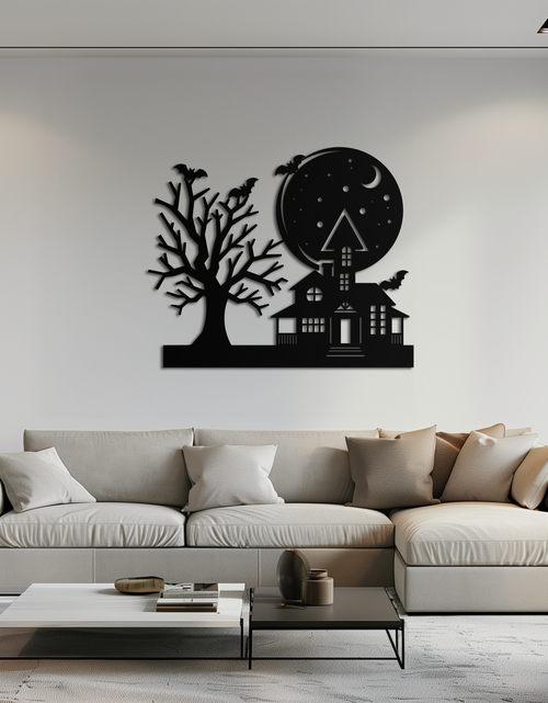 Load image into Gallery viewer, Haunted House and Bat Halloween Metal Wall Art – Spooky Full Moon Scene in Matte Black- KAF370