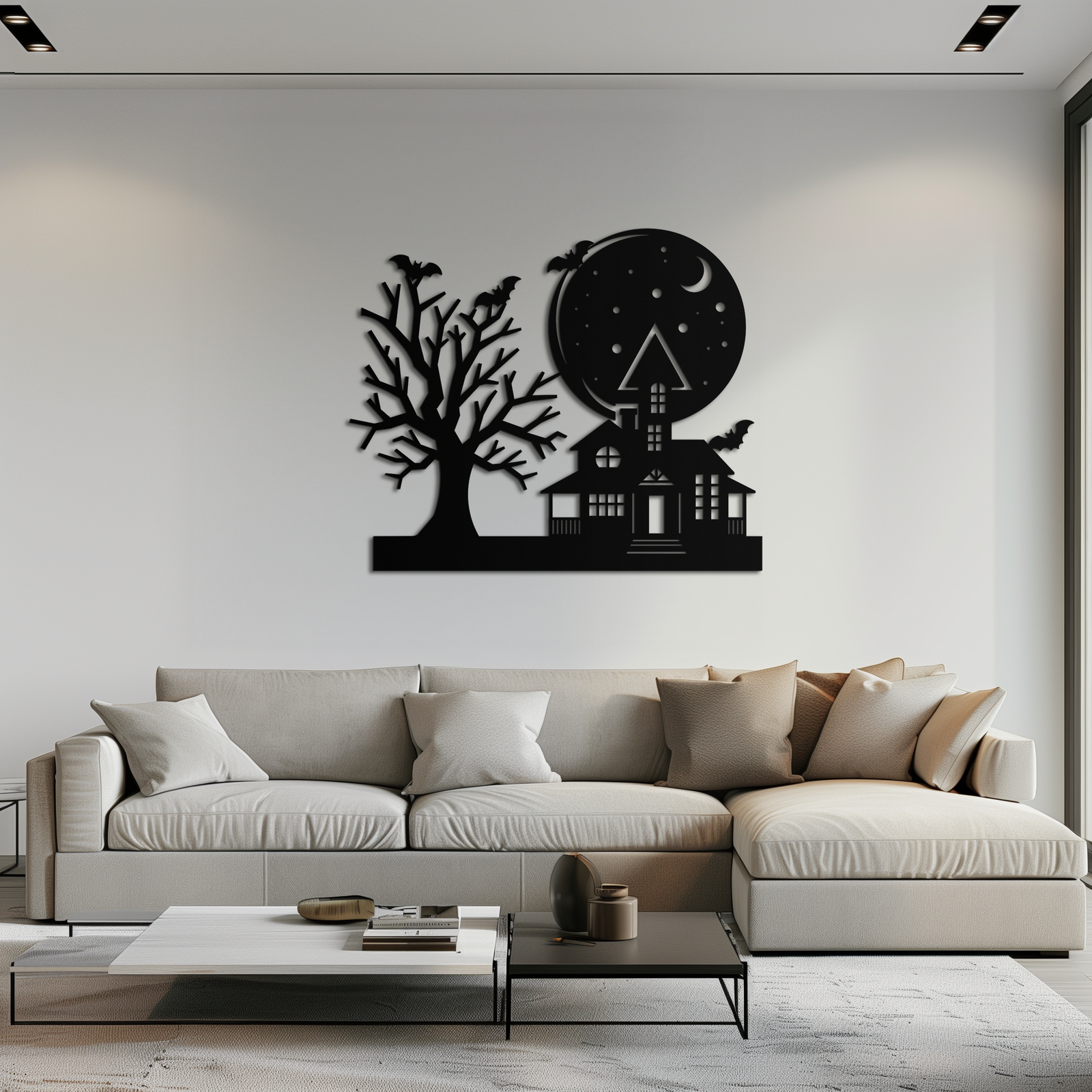 Haunted House and Bat Halloween Metal Wall Art – Spooky Full Moon Scene in Matte Black- KAF370