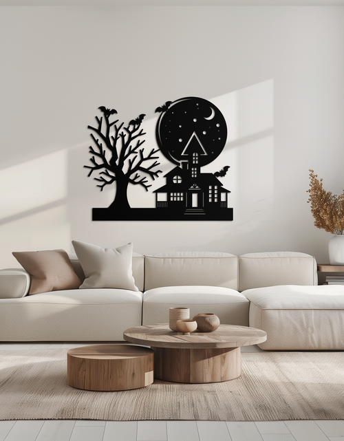 Load image into Gallery viewer, Haunted House and Bat Halloween Metal Wall Art – Spooky Full Moon Scene in Matte Black- KAF370