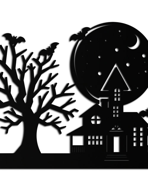 Load image into Gallery viewer, Haunted House and Bat Halloween Metal Wall Art – Spooky Full Moon Scene in Matte Black- KAF370