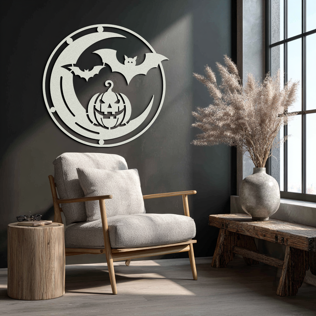 Halloween Bat Pumpkin Metal Wall Art – Spooky Jack-O'-Lantern Steel Decor- KAF371