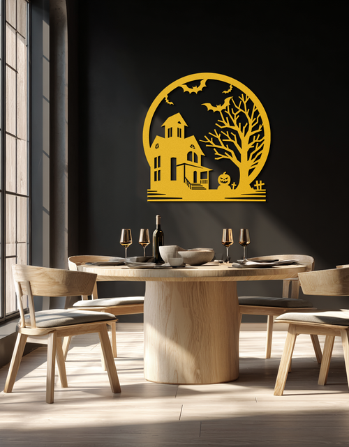 Load image into Gallery viewer, Haunted House & Bat Scene Metal Wall Art – Spooky Halloween Decor- KAF373