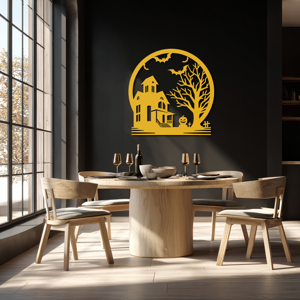 Haunted House & Bat Scene Metal Wall Art – Spooky Halloween Decor- KAF373