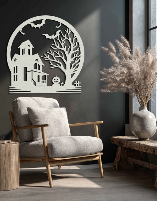 Load image into Gallery viewer, Haunted House & Bat Scene Metal Wall Art – Spooky Halloween Decor- KAF373