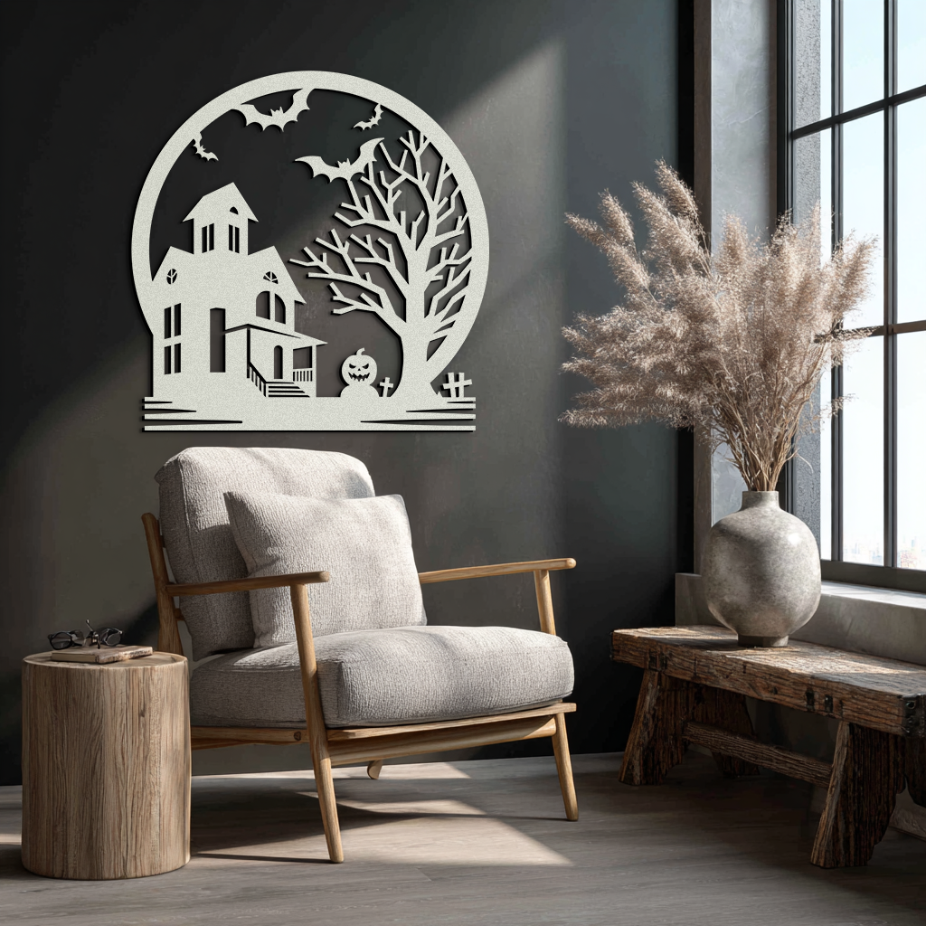 Haunted House & Bat Scene Metal Wall Art – Spooky Halloween Decor- KAF373