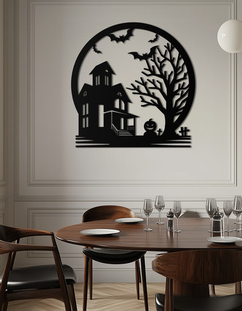 Load image into Gallery viewer, Haunted House & Bat Scene Metal Wall Art – Spooky Halloween Decor- KAF373