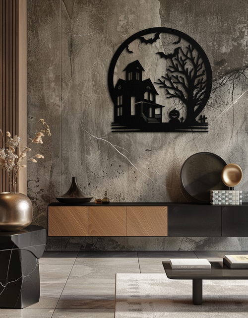Load image into Gallery viewer, Haunted House & Bat Scene Metal Wall Art – Spooky Halloween Decor- KAF373