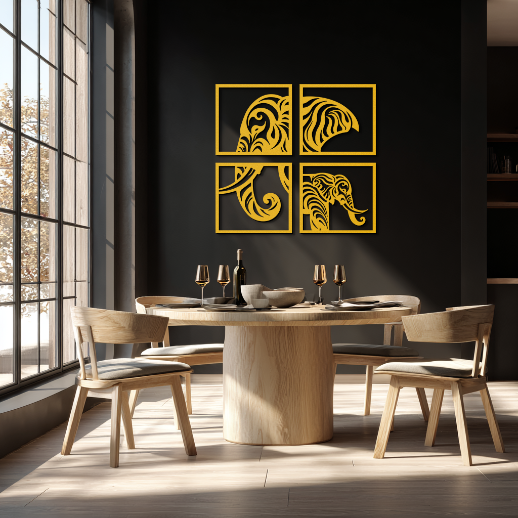 Elephant Silhouette 4-Piece Metal Wall Art – Modern Tribal Design- KAF374