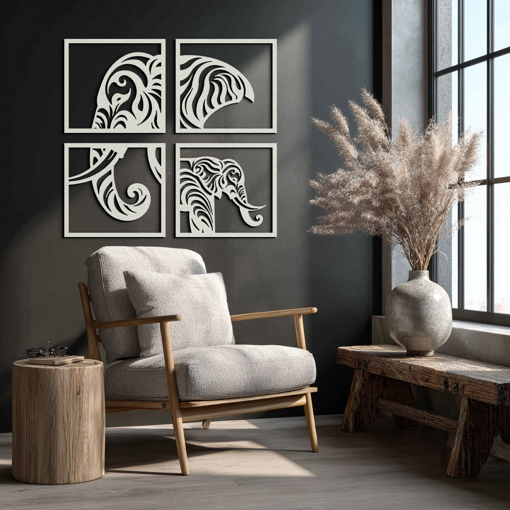 Elephant Silhouette 4-Piece Metal Wall Art – Modern Tribal Design- KAF374