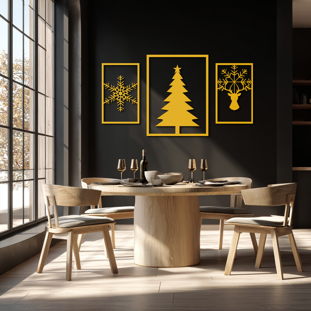 Christmas Tree & Reindeer Metal Wall Art Set – 3 Piece Modern Holiday Decor- KAF377
