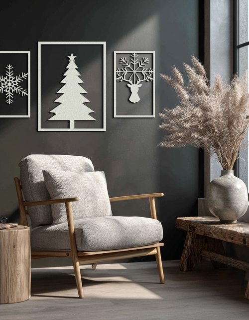 Load image into Gallery viewer, Christmas Tree & Reindeer Metal Wall Art Set – 3 Piece Modern Holiday Decor- KAF377