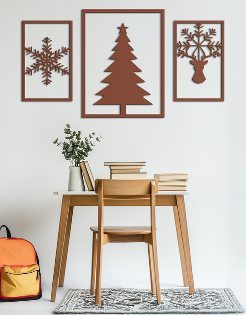 Load image into Gallery viewer, Christmas Tree & Reindeer Metal Wall Art Set – 3 Piece Modern Holiday Decor- KAF377