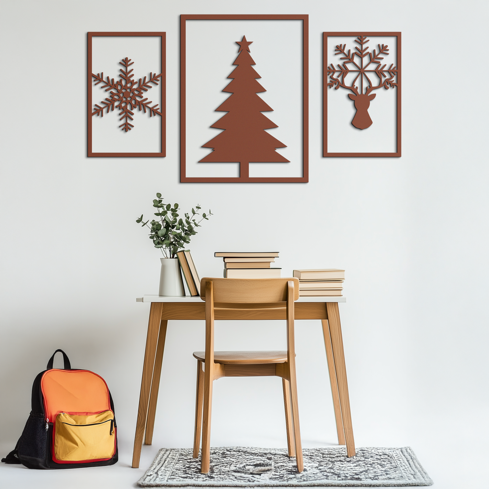 Christmas Tree & Reindeer Metal Wall Art Set – 3 Piece Modern Holiday Decor- KAF377