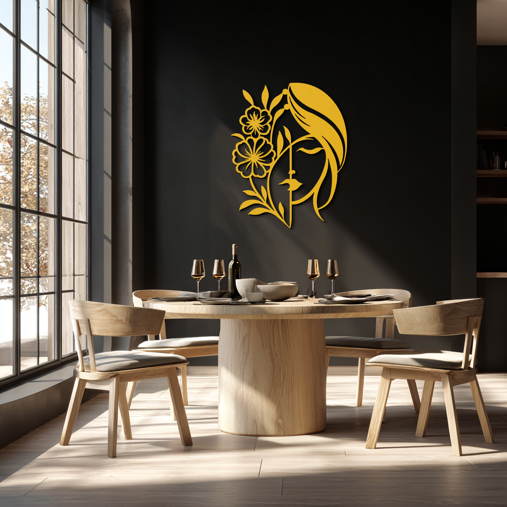 Woman with Flower Metal Wall Art – Elegant Female Silhouette Steel Decor- KAF385