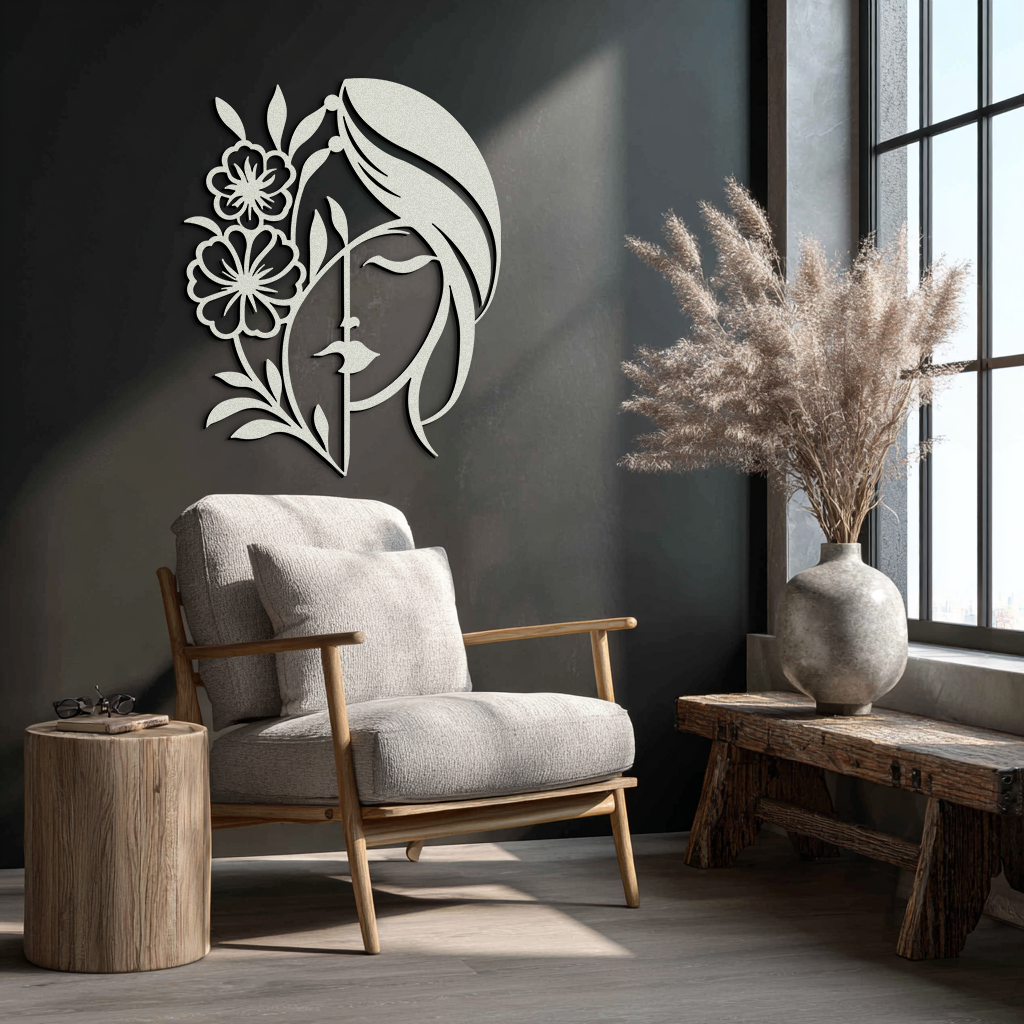Woman with Flower Metal Wall Art – Elegant Female Silhouette Steel Decor- KAF385