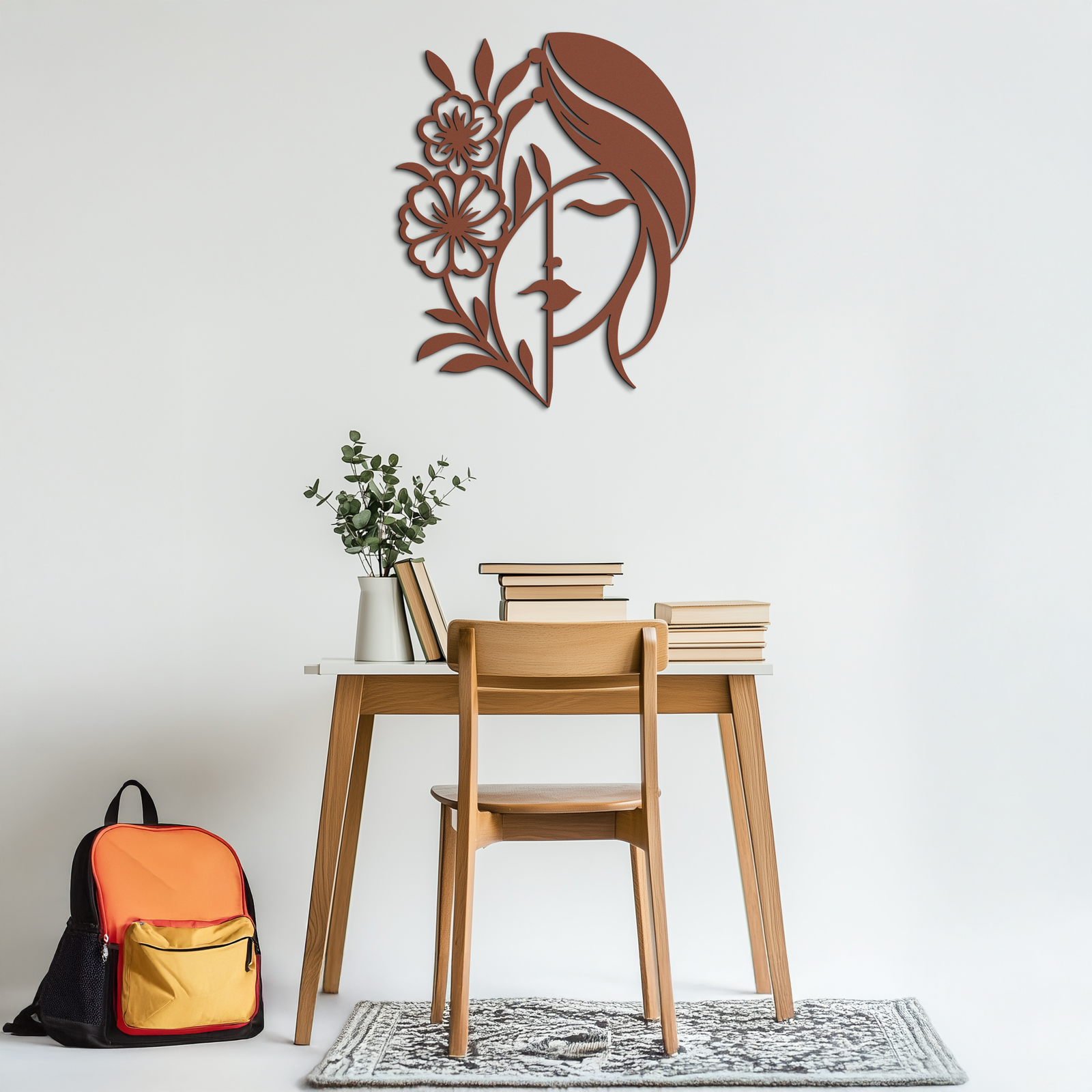 Woman with Flower Metal Wall Art – Elegant Female Silhouette Steel Decor- KAF385
