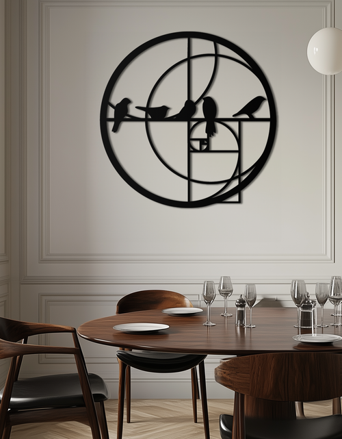 Load image into Gallery viewer, Golden Ratio Birds Metal Wall Art – Fibonacci Spiral and Birds Silhouette Black Steel Decor for Modern Interiors- KAF410