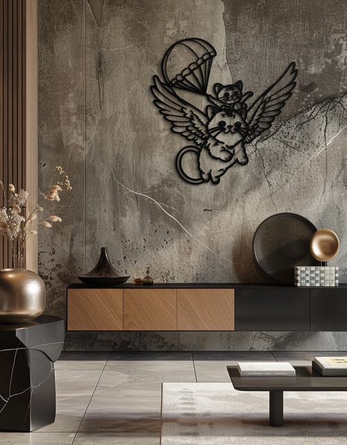 Load image into Gallery viewer, Flying Cats with Parachute Metal Wall Art – Adorable Winged Cat & Kitten Steel Decor for Kids Room and Nursery- KAF413