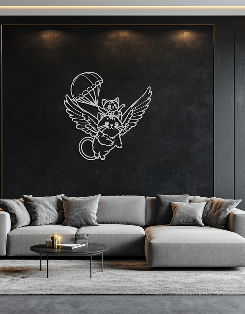 Load image into Gallery viewer, Flying Cats with Parachute Metal Wall Art – Adorable Winged Cat & Kitten Steel Decor for Kids Room and Nursery- KAF413