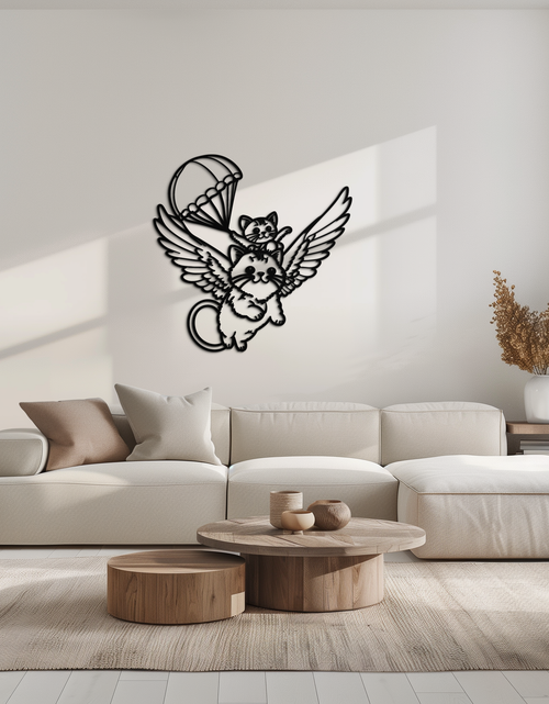 Load image into Gallery viewer, Flying Cats with Parachute Metal Wall Art – Adorable Winged Cat & Kitten Steel Decor for Kids Room and Nursery- KAF413