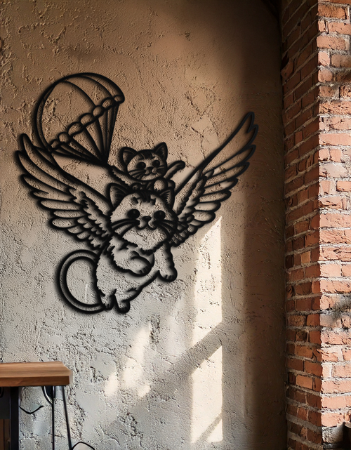 Load image into Gallery viewer, Flying Cats with Parachute Metal Wall Art – Adorable Winged Cat & Kitten Steel Decor for Kids Room and Nursery- KAF413