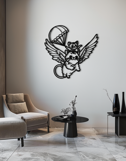 Load image into Gallery viewer, Flying Cats with Parachute Metal Wall Art – Adorable Winged Cat & Kitten Steel Decor for Kids Room and Nursery- KAF413