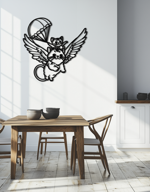 Load image into Gallery viewer, Flying Cats with Parachute Metal Wall Art – Adorable Winged Cat & Kitten Steel Decor for Kids Room and Nursery- KAF413