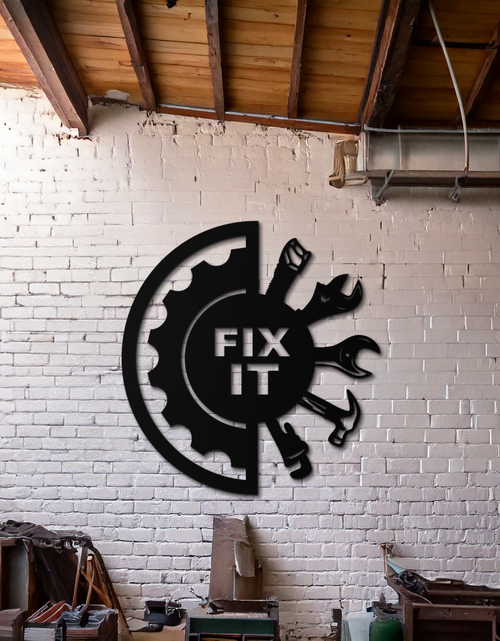 Load image into Gallery viewer, Fix It Tools Metal Wall Art – Industrial Gear & Hand Tools Silhouette Black Steel Decor for Garage or Workshop- KAF419