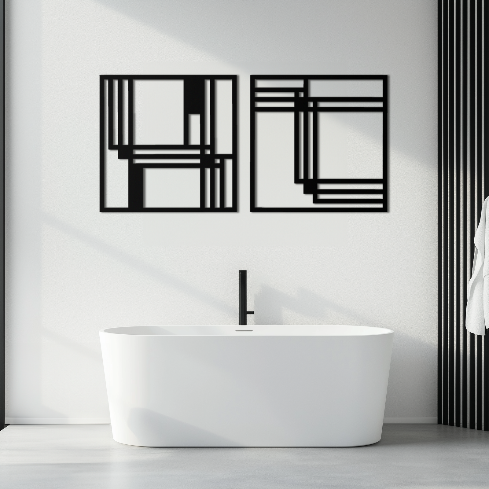Modern Abstract Rectangles Metal Wall Art – Geometric Minimalist Black Steel Decor, 2 Panel Set for Contemporary Interiors- KAF433