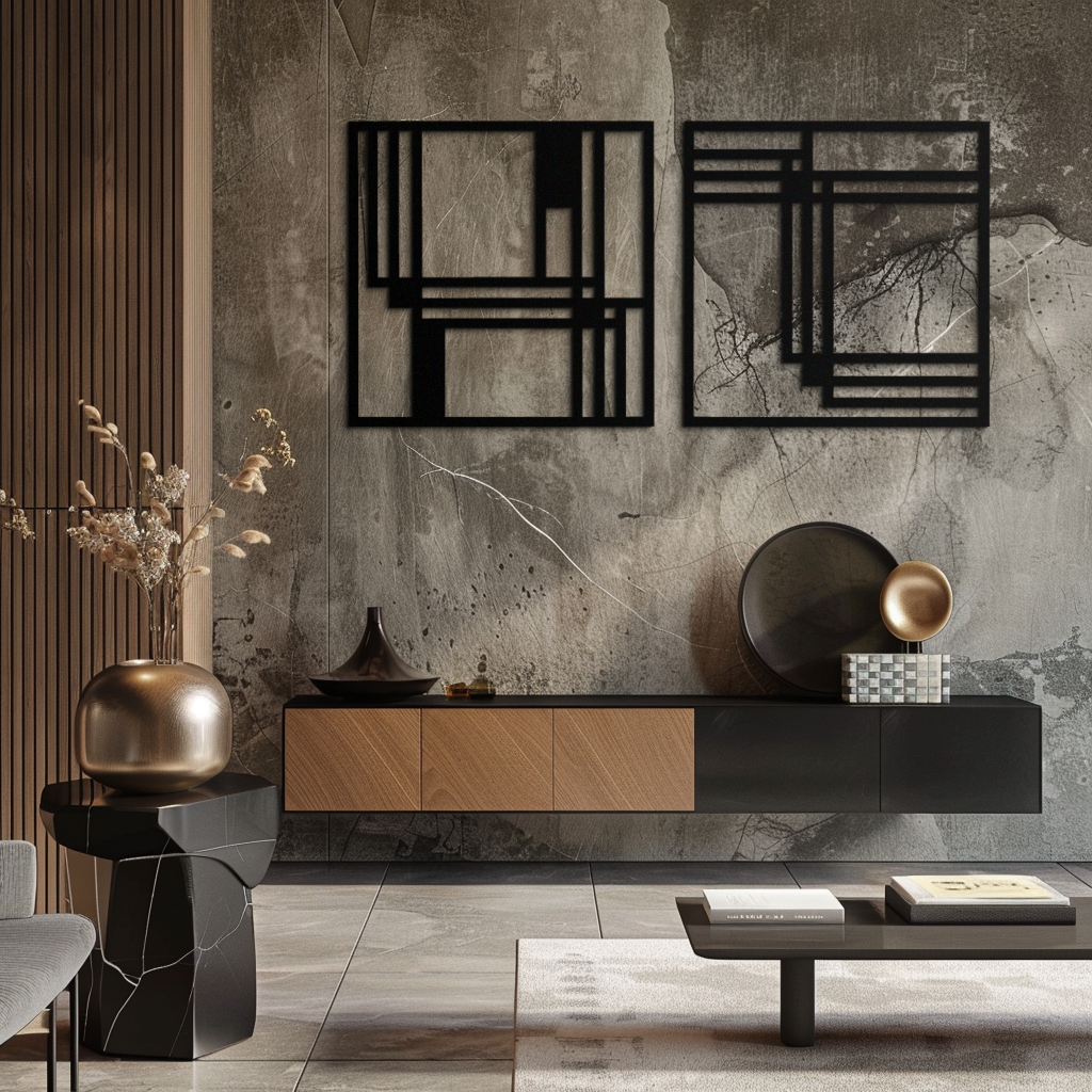 Modern Abstract Rectangles Metal Wall Art – Geometric Minimalist Black Steel Decor, 2 Panel Set for Contemporary Interiors- KAF433