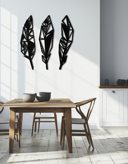Load image into Gallery viewer, Geometric Feather Trio Metal Wall Art – Abstract Minimalist Black Steel Feather Set for Modern Bohemian Interiors- KAF434