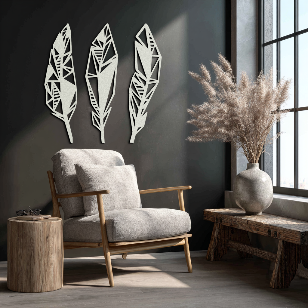 Geometric Feather Trio Metal Wall Art – Abstract Minimalist Black Steel Feather Set for Modern Bohemian Interiors- KAF434