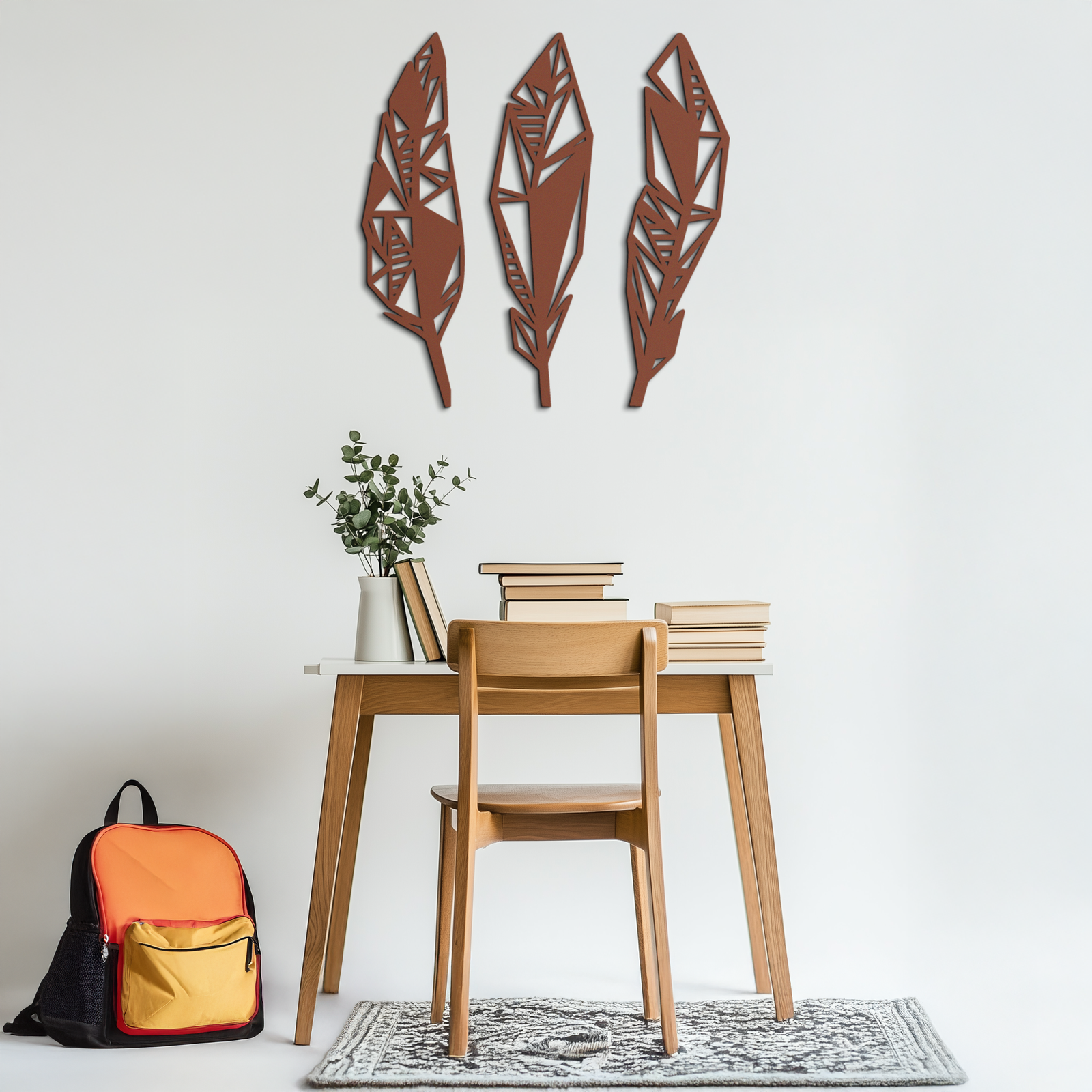 Geometric Feather Trio Metal Wall Art – Abstract Minimalist Black Steel Feather Set for Modern Bohemian Interiors- KAF434