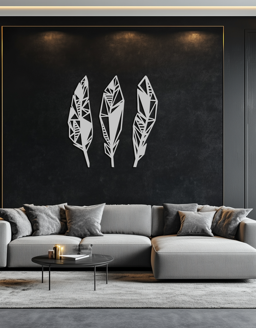 Load image into Gallery viewer, Geometric Feather Trio Metal Wall Art – Abstract Minimalist Black Steel Feather Set for Modern Bohemian Interiors- KAF434