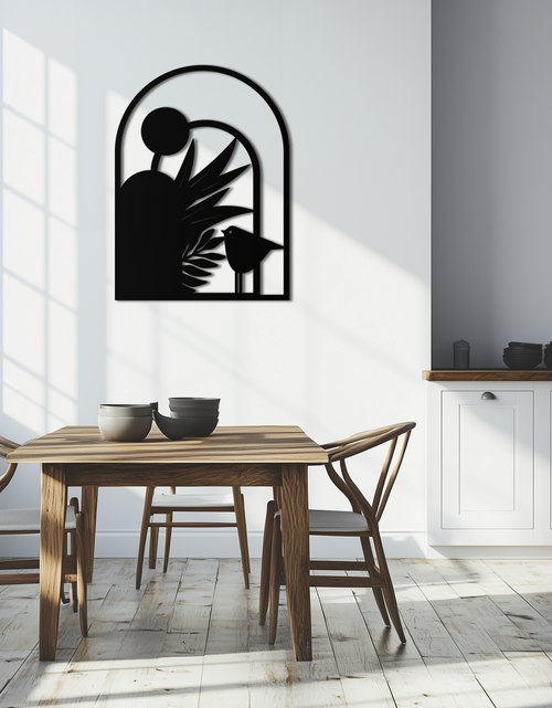 Load image into Gallery viewer, Modern Archway with Bird & Plants Metal Wall Art – Abstract Nature-Inspired Black Steel Decor for Contemporary Interiors- KAF438