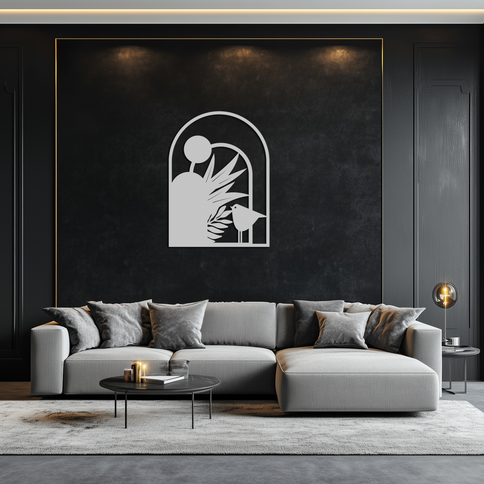Modern Archway with Bird & Plants Metal Wall Art – Abstract Nature-Inspired Black Steel Decor for Contemporary Interiors- KAF438