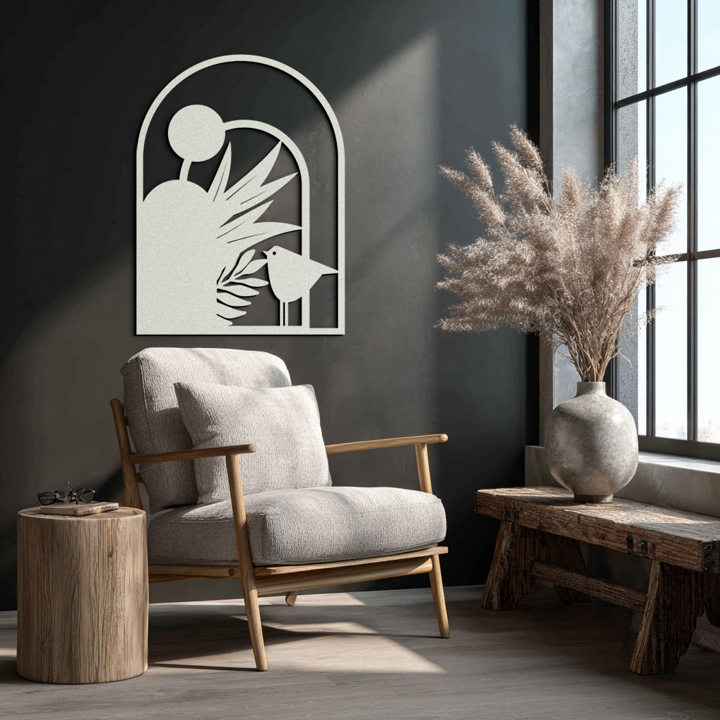 Modern Archway with Bird & Plants Metal Wall Art – Abstract Nature-Inspired Black Steel Decor for Contemporary Interiors- KAF438