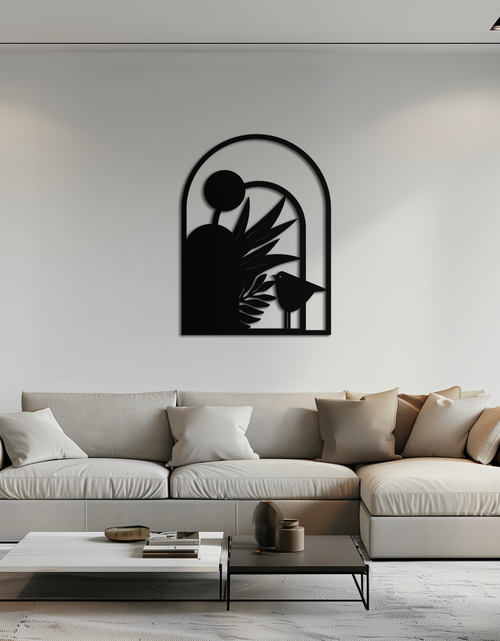 Load image into Gallery viewer, Modern Archway with Bird & Plants Metal Wall Art – Abstract Nature-Inspired Black Steel Decor for Contemporary Interiors- KAF438