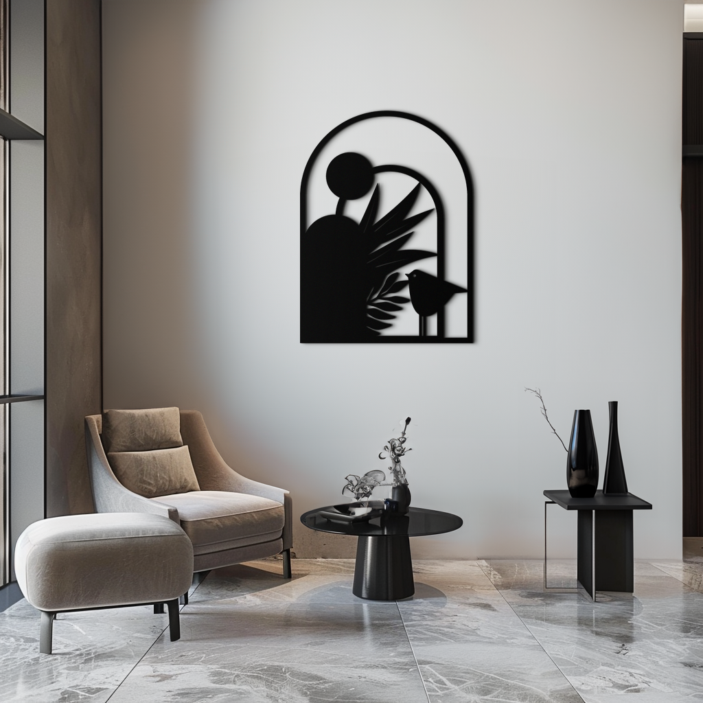 Modern Archway with Bird & Plants Metal Wall Art – Abstract Nature-Inspired Black Steel Decor for Contemporary Interiors- KAF438
