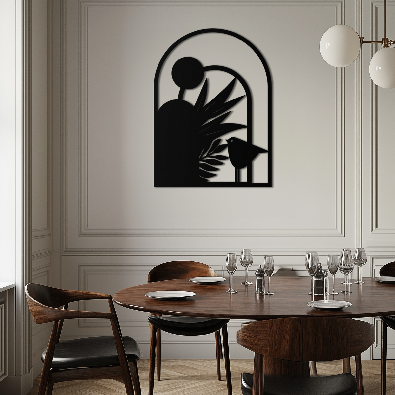 Modern Archway with Bird & Plants Metal Wall Art – Abstract Nature-Inspired Black Steel Decor for Contemporary Interiors- KAF438
