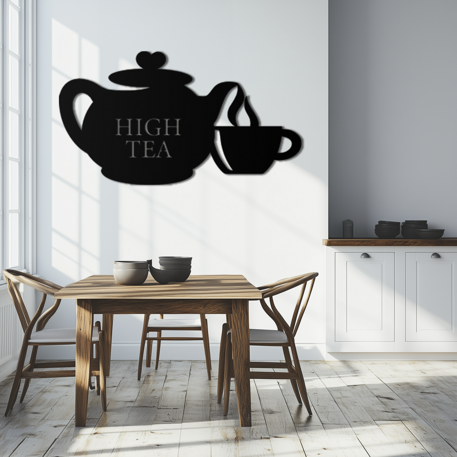 High Tea Teapot & Cup Metal Wall Art – Elegant Black Steel Tea-Time Decor for Kitchen, Café, and Dining Spaces- KAF440