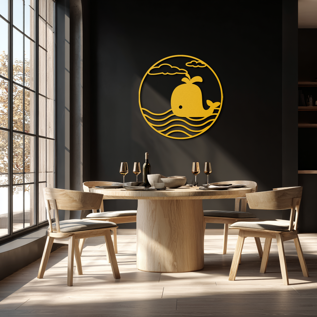 Cute Whale Ocean Scene Metal Wall Art – Playful Circular Black Steel Decor for Kids Rooms, Nurseries, and Coastal Interiors- KAF443