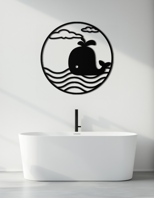 Load image into Gallery viewer, Cute Whale Ocean Scene Metal Wall Art – Playful Circular Black Steel Decor for Kids Rooms, Nurseries, and Coastal Interiors- KAF443