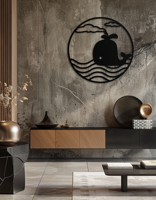 Load image into Gallery viewer, Cute Whale Ocean Scene Metal Wall Art – Playful Circular Black Steel Decor for Kids Rooms, Nurseries, and Coastal Interiors- KAF443