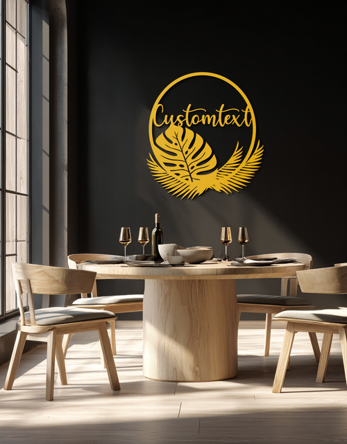 Load image into Gallery viewer, Personalized Tropical Leaves Metal Wall Art – Custom Text Circular Black Steel Decor for Modern Home and Event Spaces- KAF444
