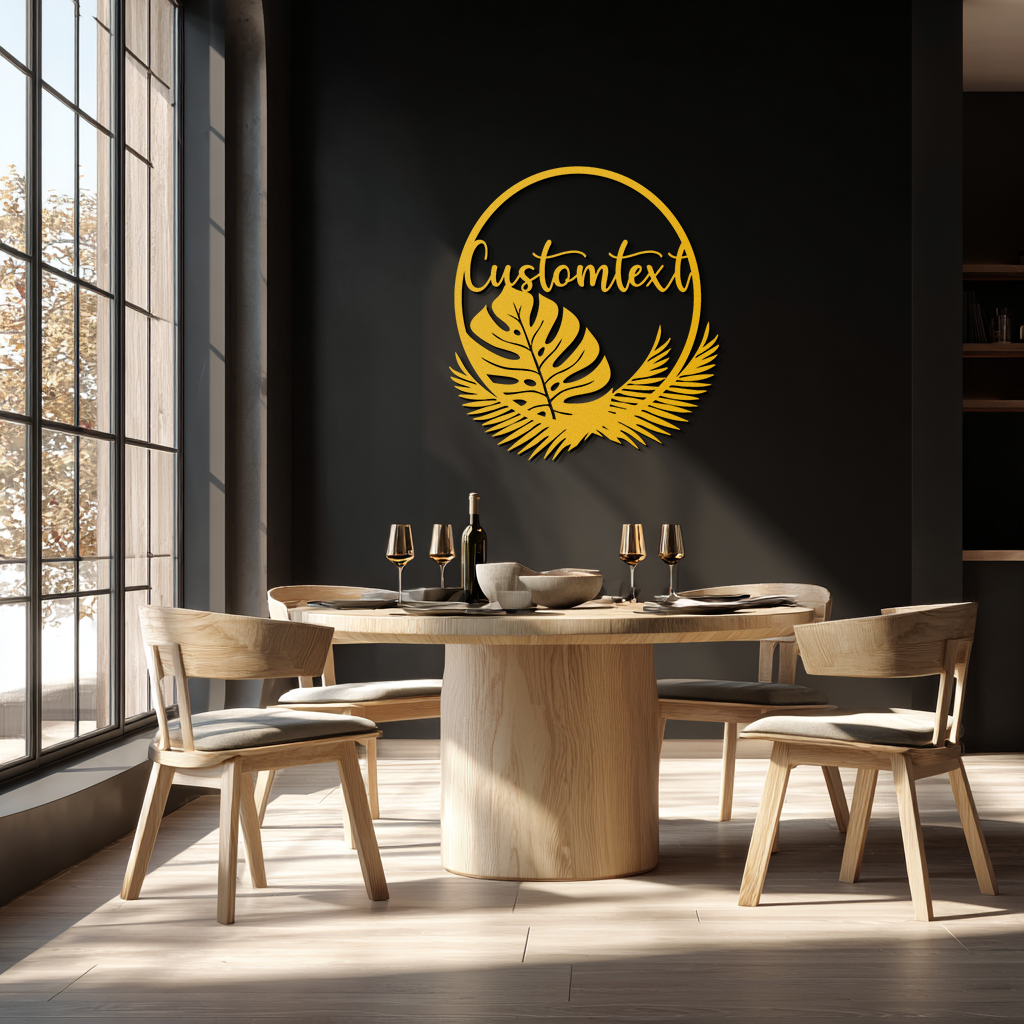 Personalized Tropical Leaves Metal Wall Art – Custom Text Circular Black Steel Decor for Modern Home and Event Spaces- KAF444