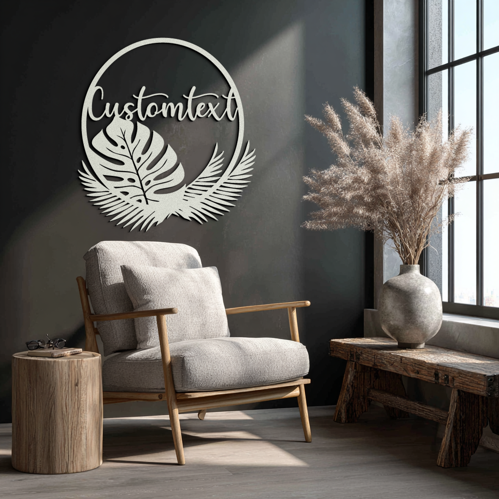 Personalized Tropical Leaves Metal Wall Art – Custom Text Circular Black Steel Decor for Modern Home and Event Spaces- KAF444