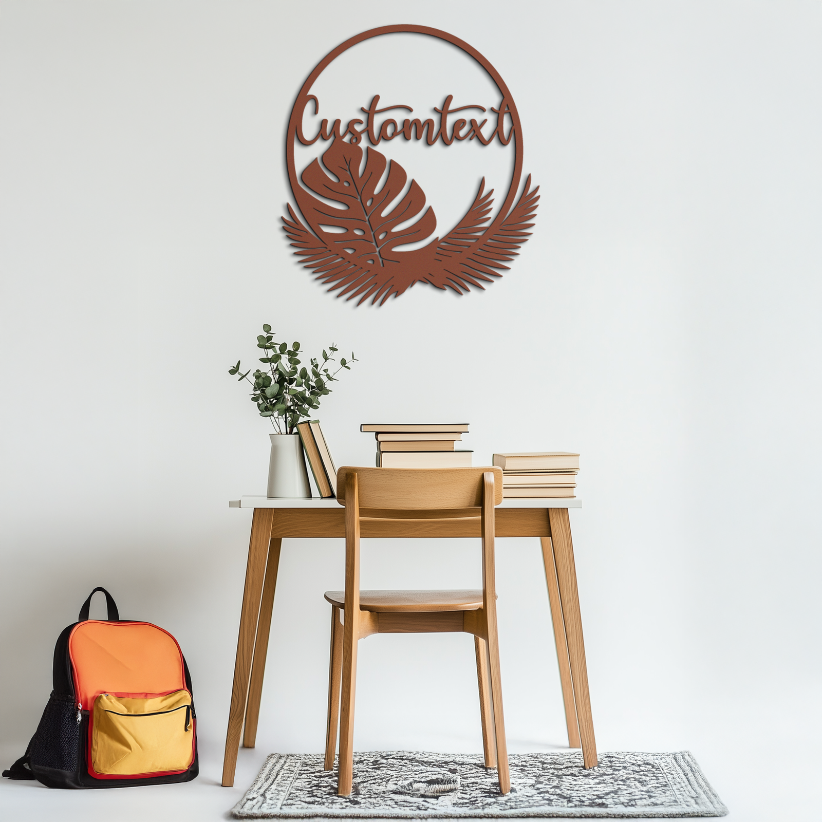 Personalized Tropical Leaves Metal Wall Art – Custom Text Circular Black Steel Decor for Modern Home and Event Spaces- KAF444