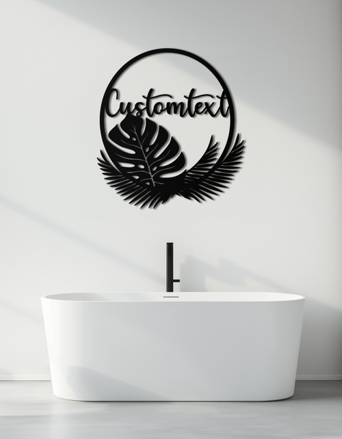 Load image into Gallery viewer, Personalized Tropical Leaves Metal Wall Art – Custom Text Circular Black Steel Decor for Modern Home and Event Spaces- KAF444