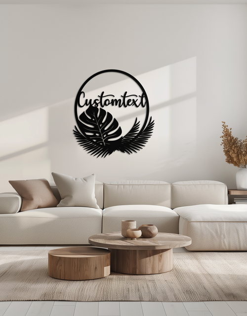 Load image into Gallery viewer, Personalized Tropical Leaves Metal Wall Art – Custom Text Circular Black Steel Decor for Modern Home and Event Spaces- KAF444